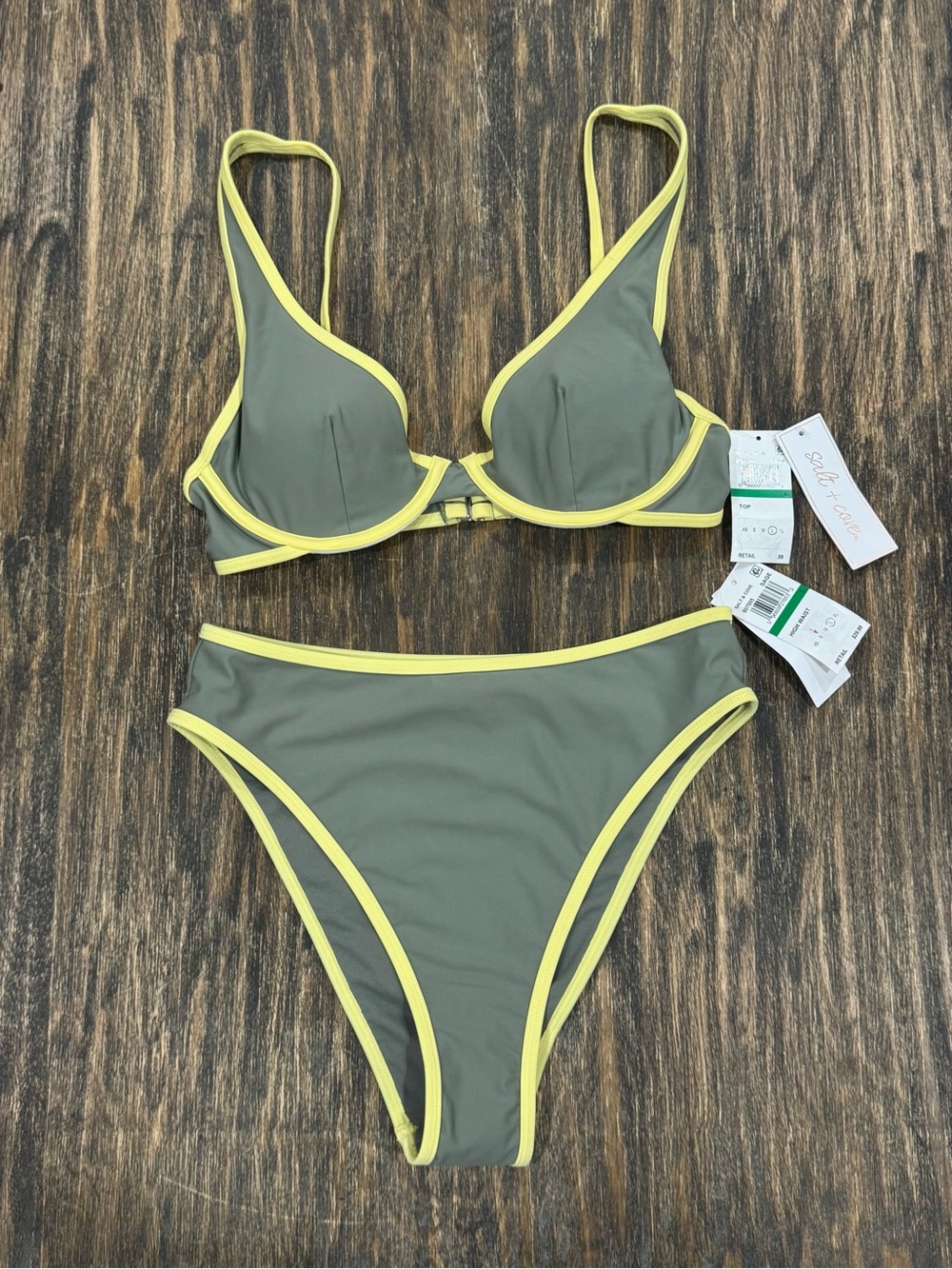 Salt + Cove Bikini Set Size L Olive Green Neon Trim High Waist NWT